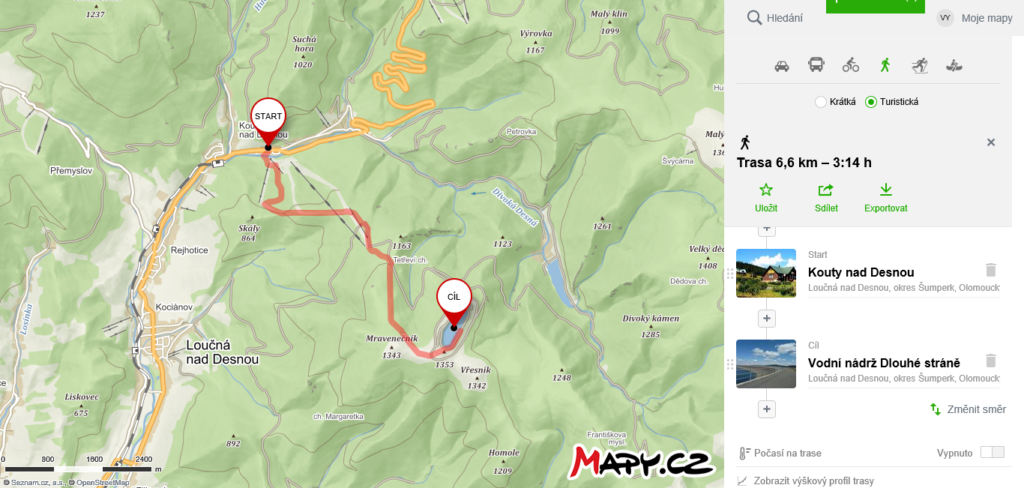 Trasa s Koutů nad Desnou na Vodní nádrž Dlouhé stráně