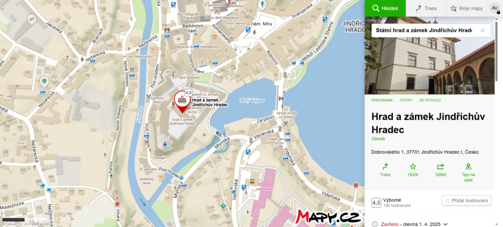 mapa jak se dostanete na Hrad a zámek v Jindřichově Hradci