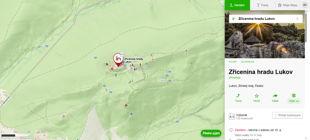 mapa zřícenina hradu Lukov