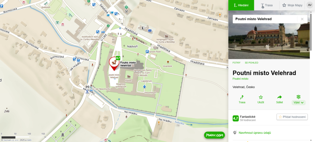 mapa poutní místo Velehrad