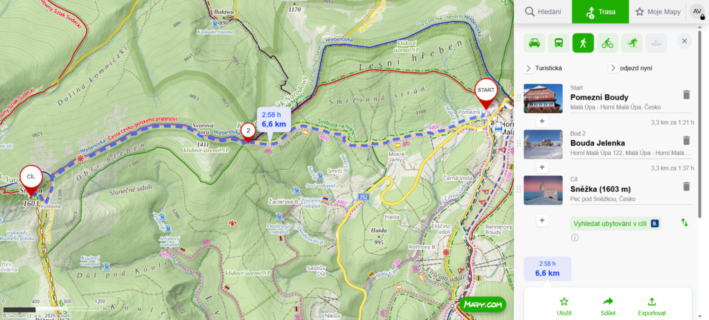 mapa trasy na Sněžku z Pomezní boudy
