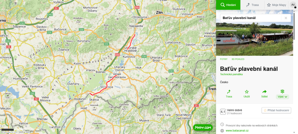 Baťův plavební kanál mapa