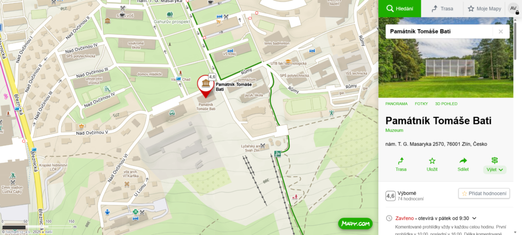 mapa Pamtáník Tomáše Bati