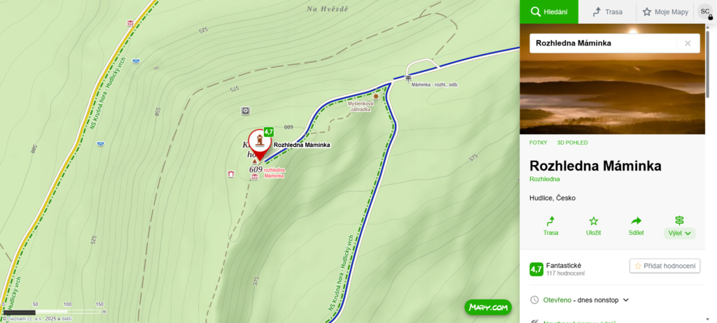 mapa rozhledna Máminka Hudlice