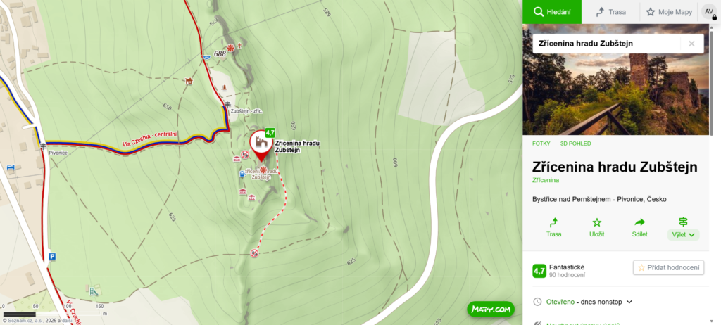 mapa kde najdete zříceninu hradu Zubštejn