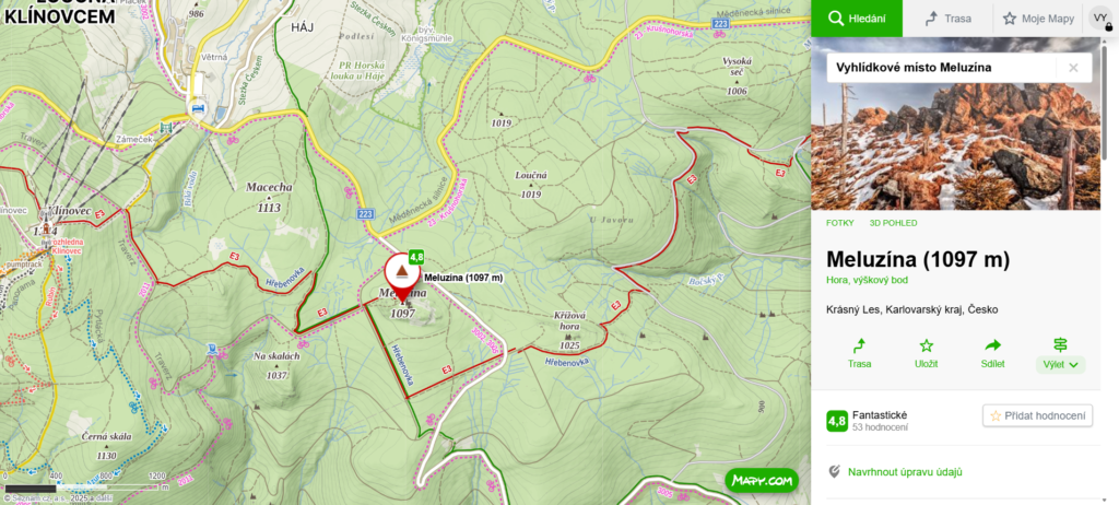 mapa kde najdete horu Meluzínu