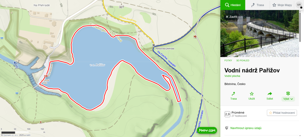 mapa vodní nádrž Pařížov