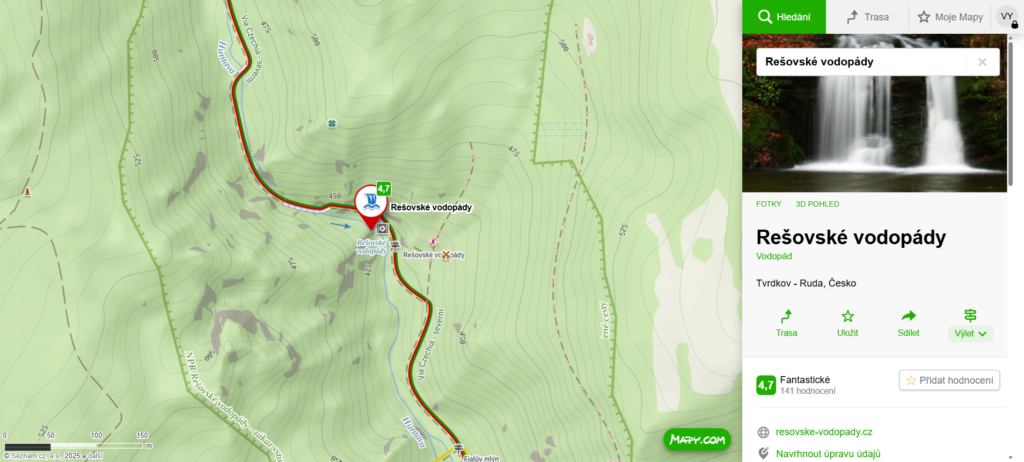 mapa Rešovské vodopády
