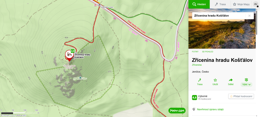 mapa zříceníny Košťálov