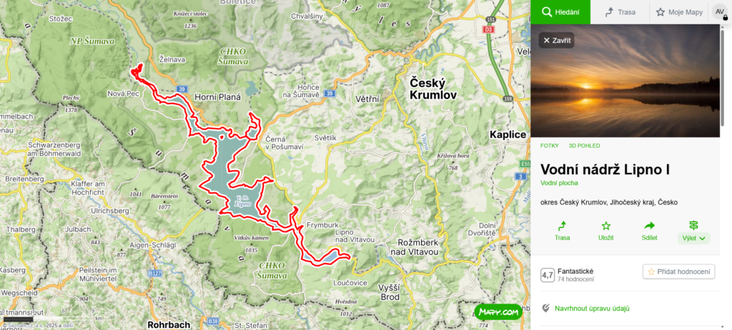 mapa Vodní nádrž Lipno