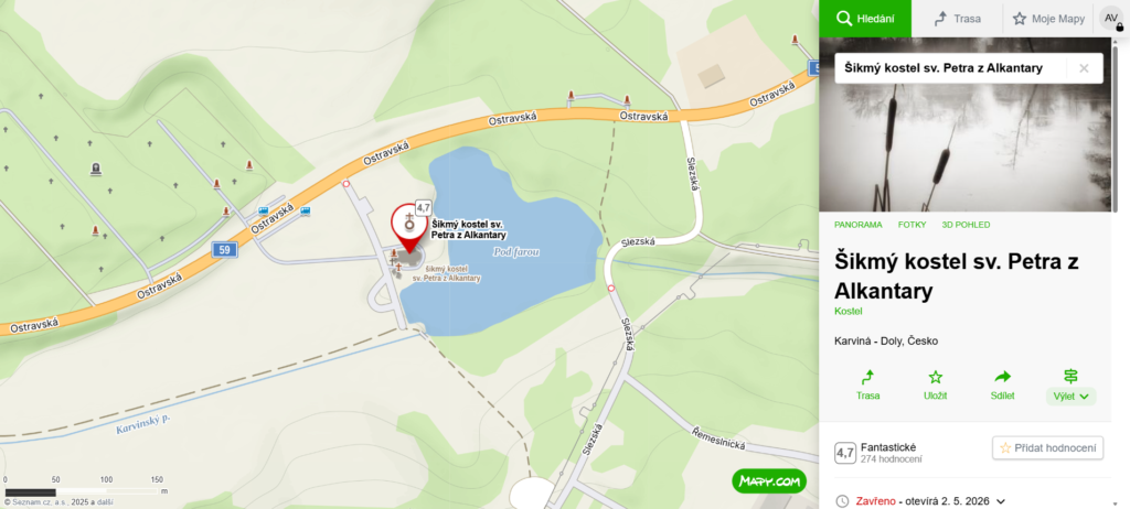 mapa šikmý kostel Karviná