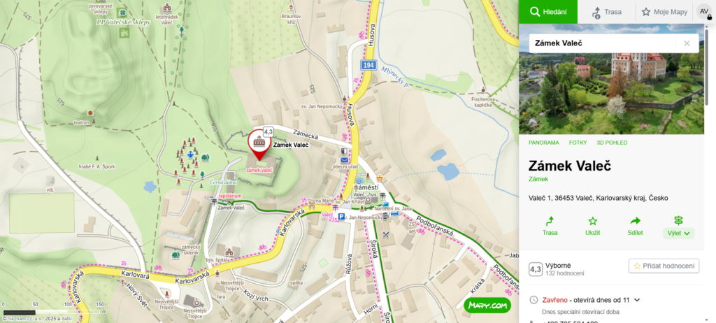 mapa zámek Valeč