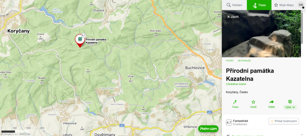 mapa Kazatelna u Koryčan