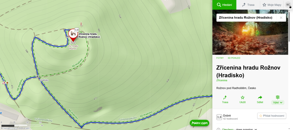 zřícenina hradu Rožnov mapa