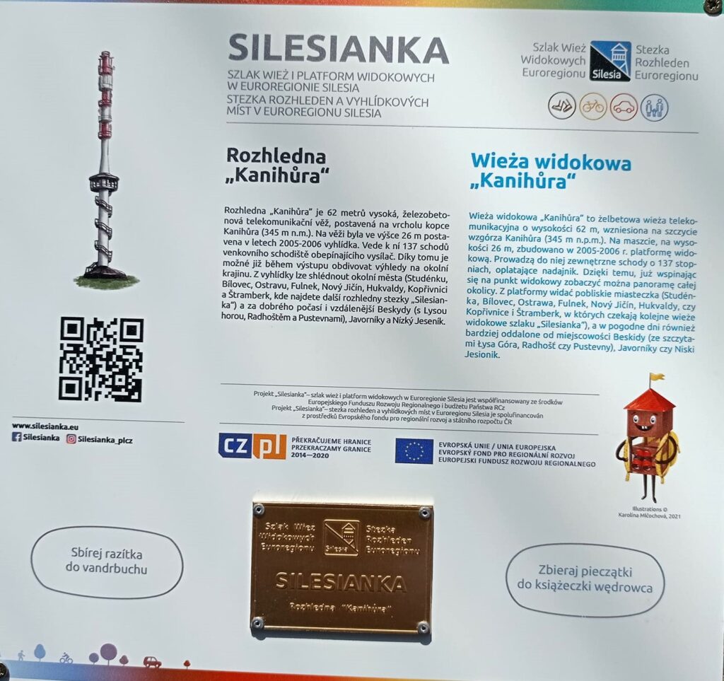 Rozhledna Kanihůra u Bílovce: vyhlídka s překvapivě širokým rozhledem na Beskydy i Ostravsko, tabule