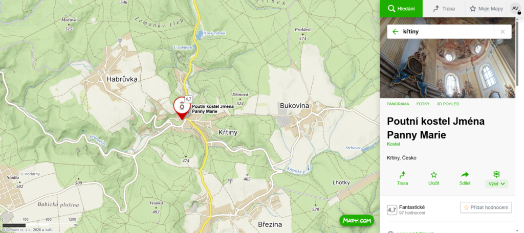 mapa poutní kostel Křtiny