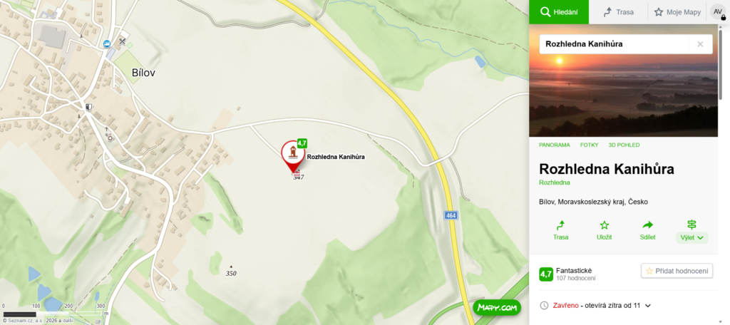 mapa rozhledna Kanihůra