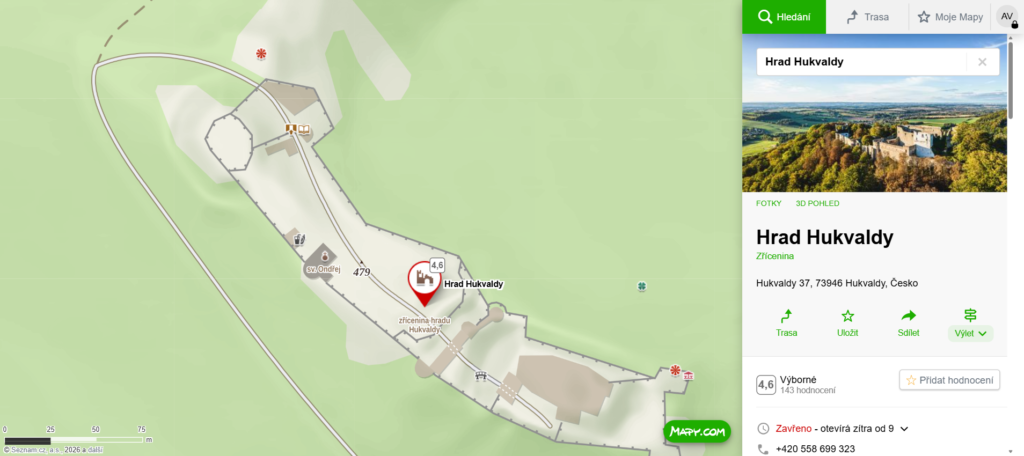 mapa hradu Hukvaldy
