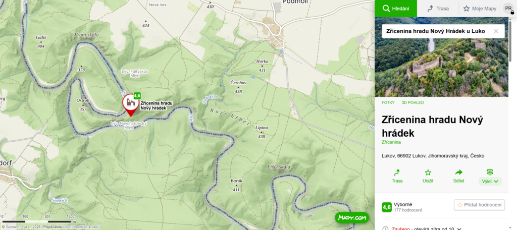 mapa zřícenina hradu Nový hrádek